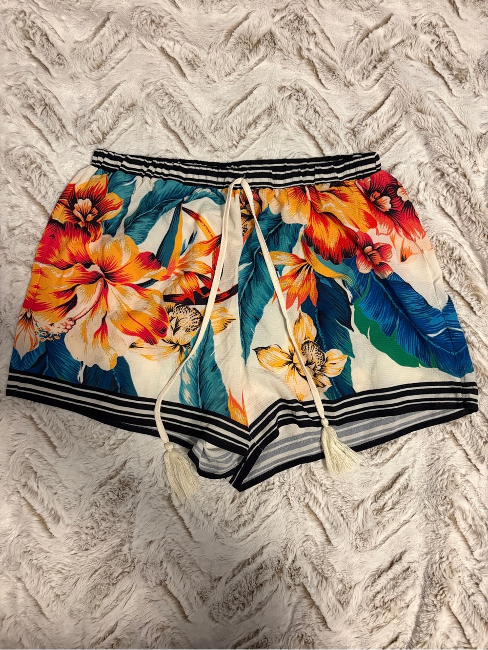 Flying Tomato Tropical Floral Elastic Waist Shorts - White, Blue, Orange